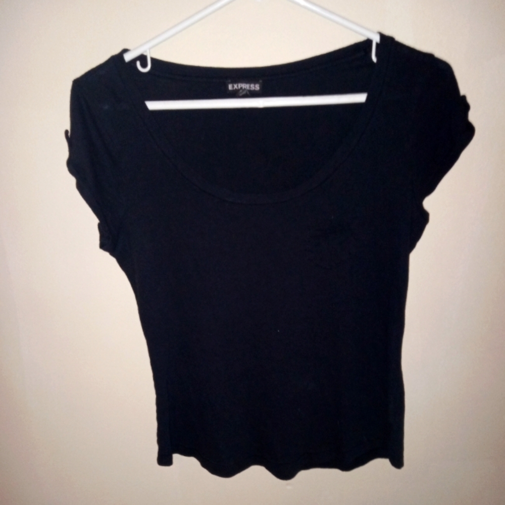 Black top with buttoned up sleeves and mini pocket